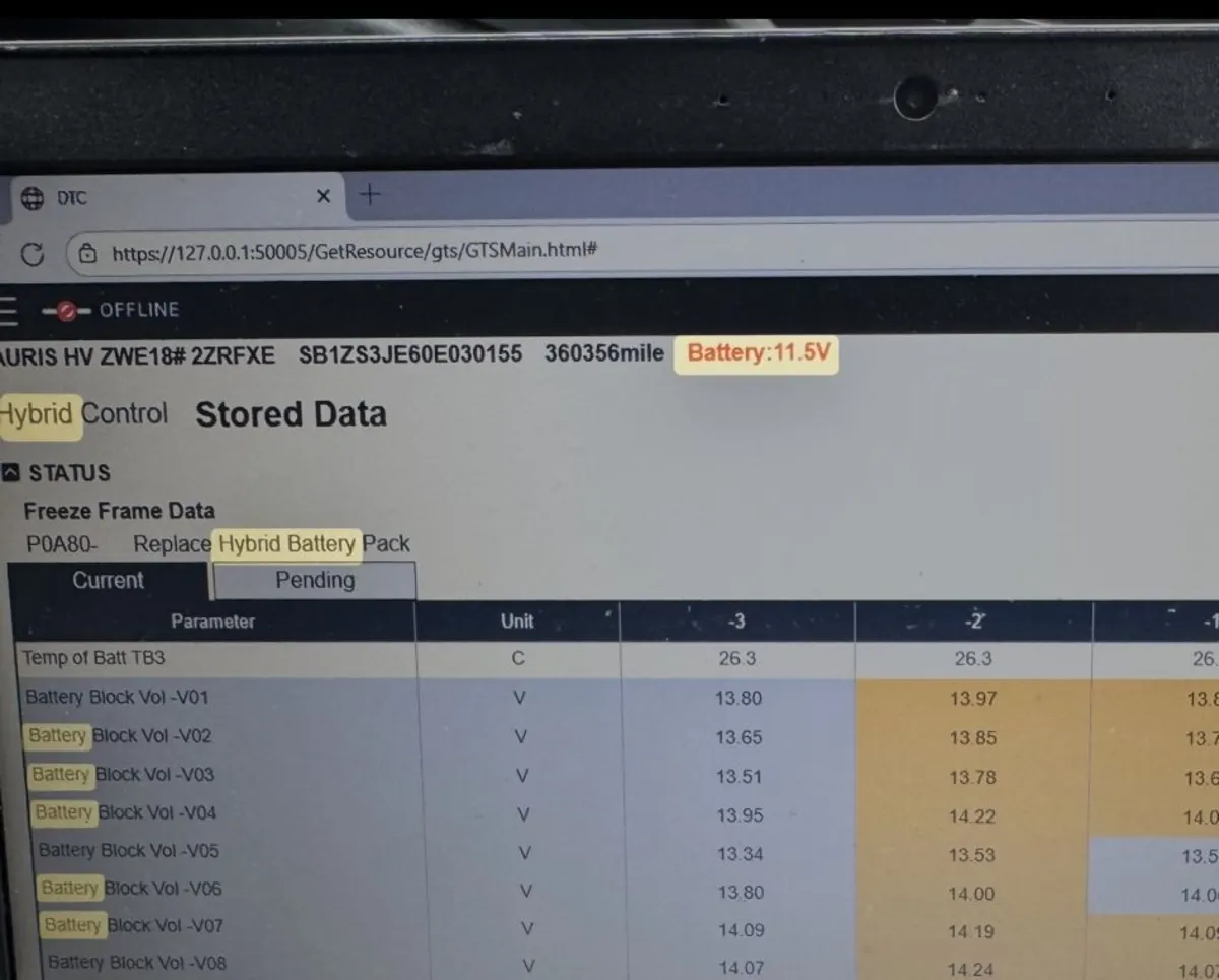 Diagnostic software screen inside a Japanese-made hybrid vehicle